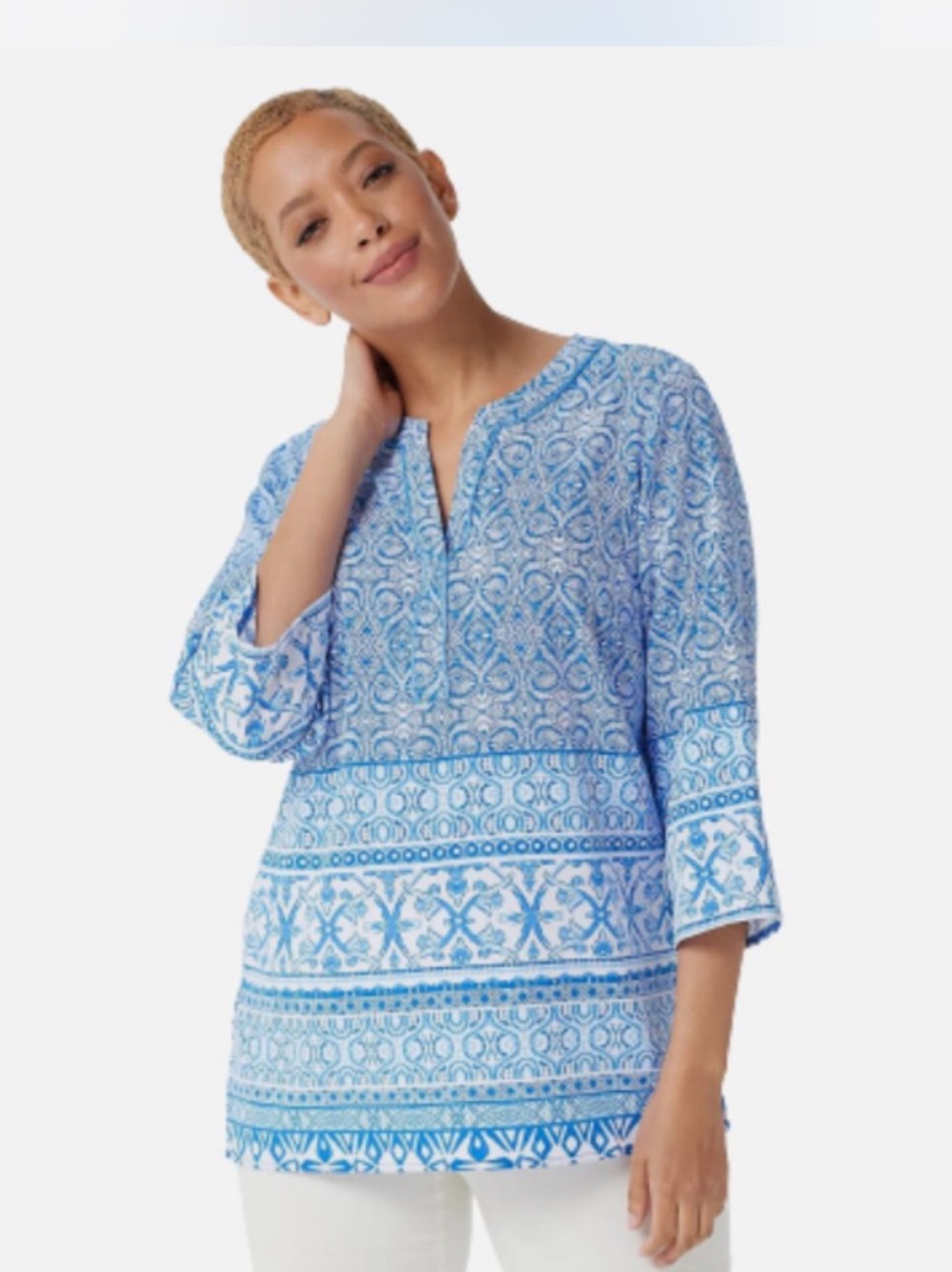 Susan Graver Regular Printed Tunic Blue Floral 3/4 Sleeve S